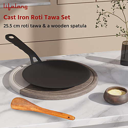 Lifelong Cast Iron Roti Tawa With Wooden Spatula - 25.5 cm, Gas & Induction Stove-Friendly, 1 pc  Non-Stick & Teflon Free, Durable