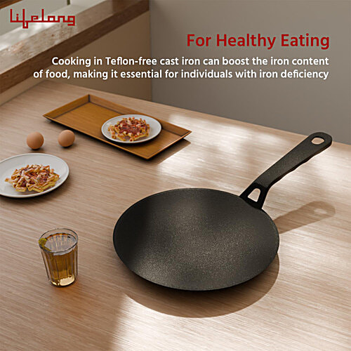 Lifelong Cast Iron Roti Tawa With Wooden Spatula - 25.5 cm, Gas & Induction Stove-Friendly, 1 pc  Non-Stick & Teflon Free, Durable
