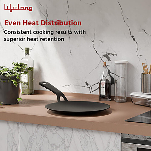 Lifelong Cast Iron Roti Tawa With Wooden Spatula - 25.5 cm, Gas & Induction Stove-Friendly, 1 pc  Non-Stick & Teflon Free, Durable