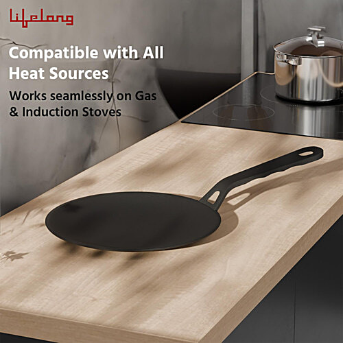 Lifelong Cast Iron Roti Tawa With Wooden Spatula - 25.5 cm, Gas & Induction Stove-Friendly, 1 pc  Non-Stick & Teflon Free, Durable