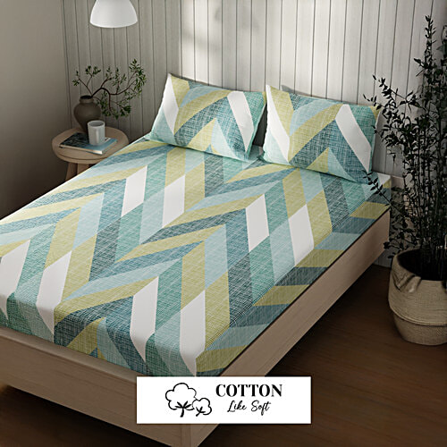 Kopa-Home Queen Size Bedsheet With 2 Pillow Covers Aqua Cotton  120 TC - 244 x 224 cm, 1 Set  