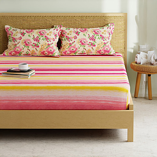 Kopa-Home Fitted Double Bedsheet & 2 Pillow Covers Pink Yellow Microfabric 152TC 198x180cm, 1 Set  