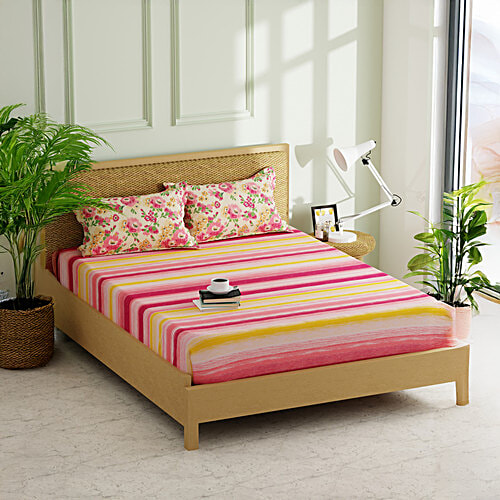 Kopa-Home Fitted Double Bedsheet & 2 Pillow Covers Pink Yellow Microfabric 152TC 198x180cm, 1 Set  