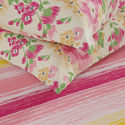 Kopa-Home Fitted Double Bedsheet & 2 Pillow Covers Pink Yellow Microfabric 152TC 198x180cm, 1 Set  