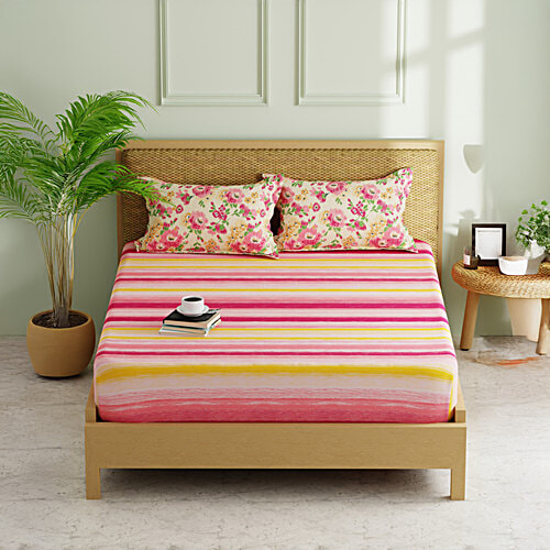 Kopa-Home Fitted Double Bedsheet & 2 Pillow Covers Pink Yellow Microfabric 152TC 198x180cm, 1 Set  