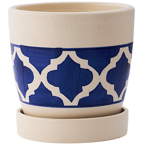 bb home Earth Handcrafted Small Planter With Tray - Moroccan Charm Bloom, Hand-Painted, 1 pc