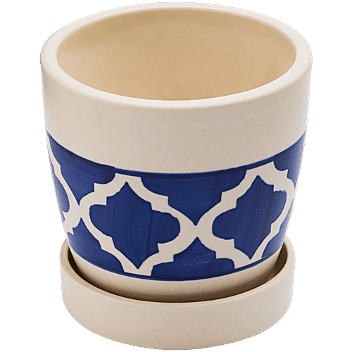bb home Earth Handcrafted Small Planter With Tray - Moroccan Charm Bloom, Hand-Painted, 1 pc