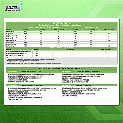 XLR8 Coconut Caramel Flavour Whey Protein Powder, 34 g  High Quality Protein Source, Muscle Strength, Muscle Recovery, Weight Management