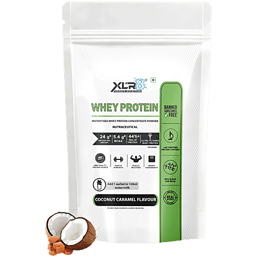 XLR8 Coconut Caramel Flavour Whey Protein Powder, 34 g  High Quality Protein Source, Muscle Strength, Muscle Recovery, Weight Management
