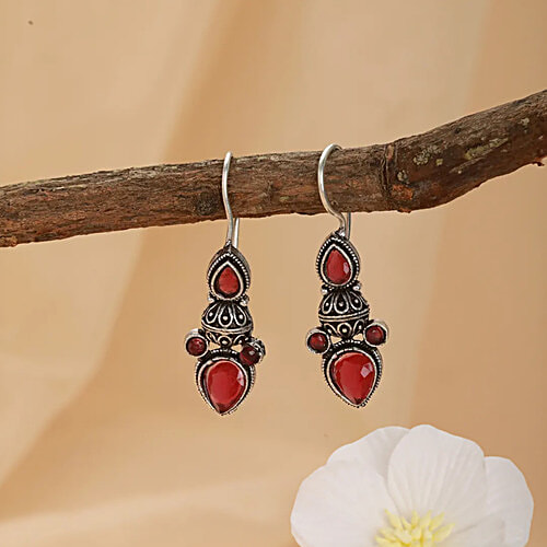 Aatmana Silver-Plated Artificial Stones Studded Contemporary Drop Earrings, 1 Pair