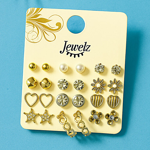 Jewelz Cute Gold & Crystal Stud Earring Set, 12 Pairs