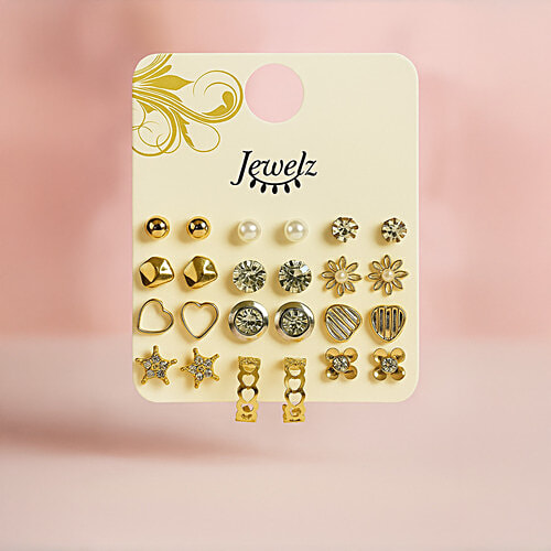 Jewelz Cute Gold & Crystal Stud Earring Set, 12 Pairs