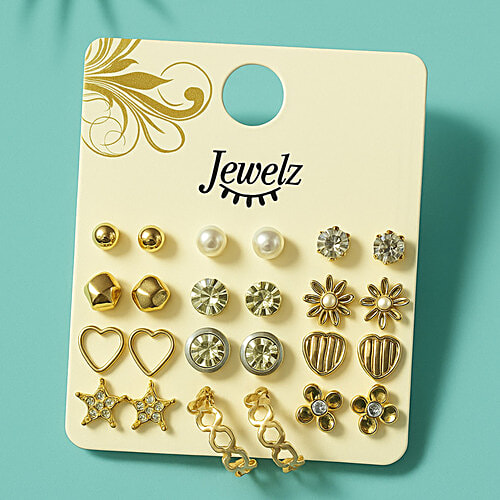 Jewelz Cute Gold & Crystal Stud Earring Set, 12 Pairs