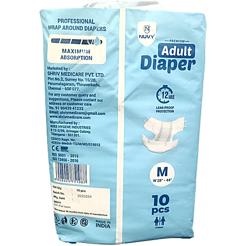Nuvy Unisex Premium Adult Diapers - M, 10 pcs 12 Hours Leak-Proof Protection, Cotton Soft, Odour Free, Extra Absorbency, Extra Locking Layer