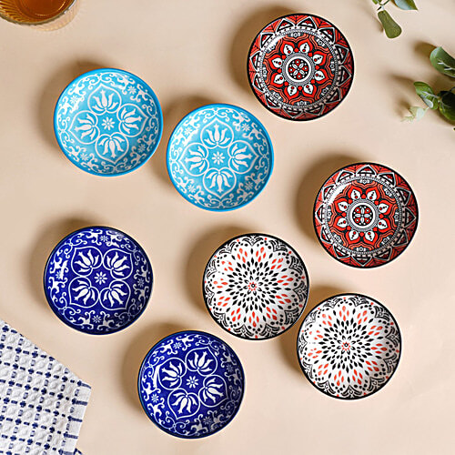 Nestasia Floral Mandala Small Ceramic Dip Bowls - Multicolour, 70 ml (Set of 8) 