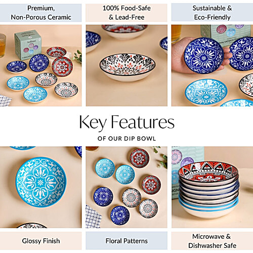 Nestasia Floral Mandala Small Ceramic Dip Bowls - Multicolour, 70 ml (Set of 8) 