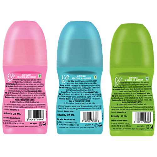 Eva Deo Roll On - Shine, Soft, & Splash, 25 ml (Pack of 3) 0% Alcohol, 48H protection, For Fresh & Bright Underarms