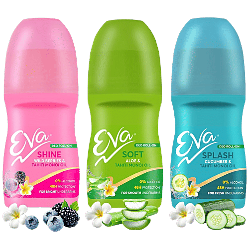 Eva Deo Roll On - Shine, Soft, & Splash, 25 ml (Pack of 3) 0% Alcohol, 48H protection, For Fresh & Bright Underarms