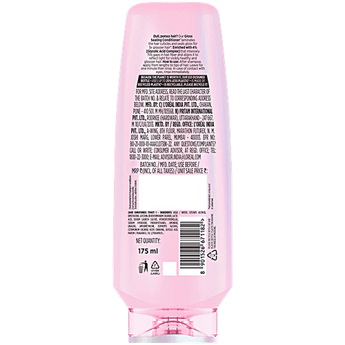 Loreal Paris Glycolic Gloss Shine Sealing Conditioner, 175 ml Laminates Cuticles & Seals Gloss, 3X More Gloss, 4% Glycolic Acid Complex