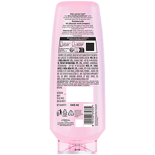 Loreal Paris Glycolic Gloss Shine Sealing Conditioner, 340 ml Laminates Cuticles & Seals Gloss, 3X More Gloss, 4% Glycolic Acid Complex
