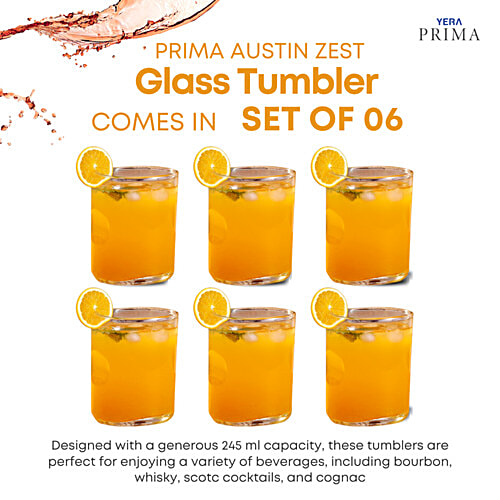 Yera Prima Austin Zest Glass Tumbler, 245 ml (Set of 6) Transparent