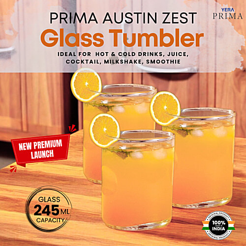 Yera Prima Austin Zest Glass Tumbler, 245 ml (Set of 6) Transparent