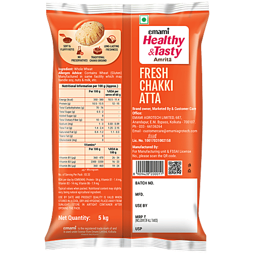 Emami Healthy & Tasty Amrita Fresh Chakki Atta, 5 kg No Maida, Goodness Of Protein/Fibre/Vitamins