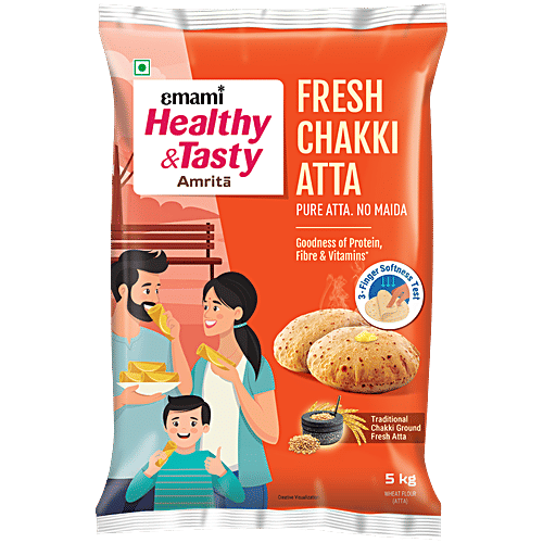 Emami Healthy & Tasty Amrita Fresh Chakki Atta, 5 kg No Maida, Goodness Of Protein/Fibre/Vitamins