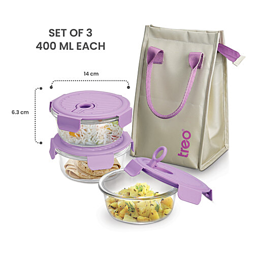 Treo Lumino Fresh Round Borosilicate Glass Lunch Boxes With Lunch Bag, 400 ml (Set of 3) Microwave & Dishwasher Safe, Leak Proof Containers
