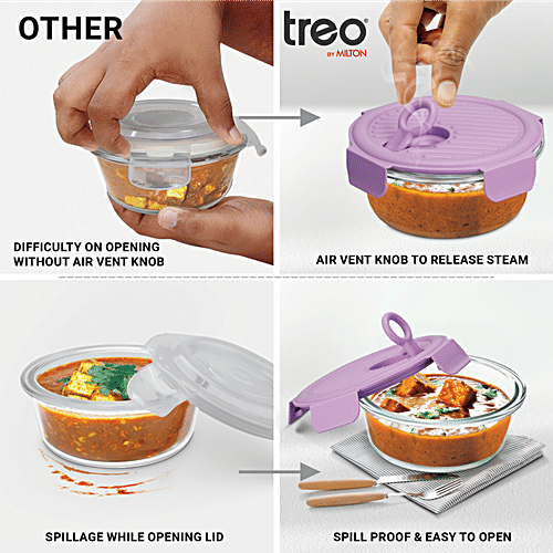 Treo Lumino Fresh Round Borosilicate Glass Lunch Boxes With Lunch Bag, 400 ml (Set of 3) Microwave & Dishwasher Safe, Leak Proof Containers