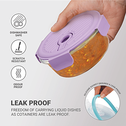 Treo Lumino Fresh Round Borosilicate Glass Lunch Boxes With Lunch Bag, 400 ml (Set of 3) Microwave & Dishwasher Safe, Leak Proof Containers