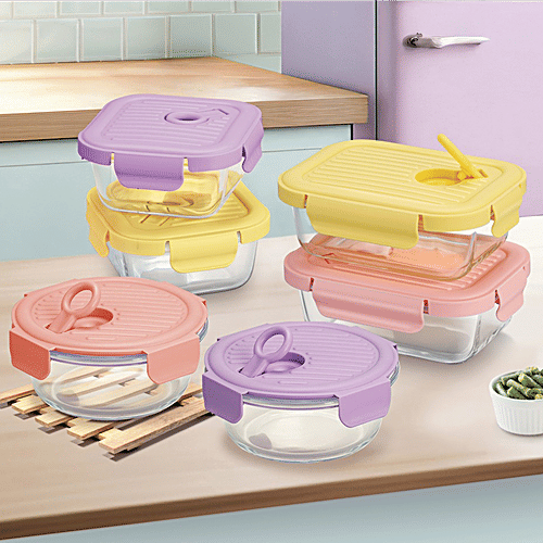 Treo Lumino Fresh Round Borosilicate Glass Lunch Boxes With Lunch Bag, 400 ml (Set of 3) Microwave & Dishwasher Safe, Leak Proof Containers