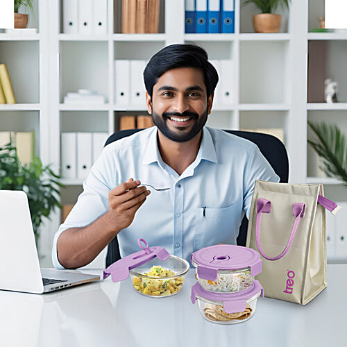 Treo Lumino Fresh Round Borosilicate Glass Lunch Boxes With Lunch Bag, 400 ml (Set of 3) Microwave & Dishwasher Safe, Leak Proof Containers