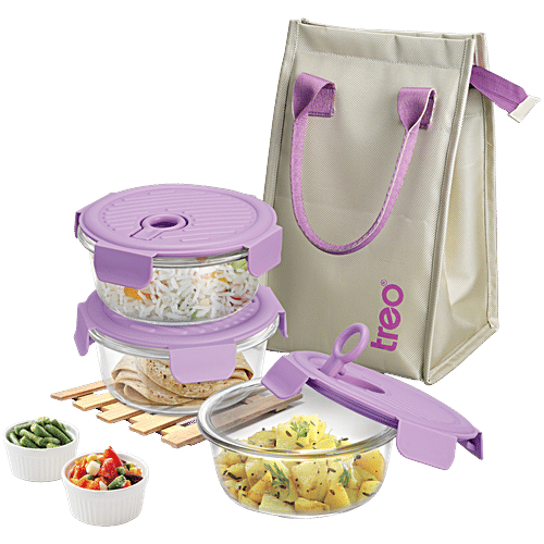 Treo Lumino Fresh Round Borosilicate Glass Lunch Boxes With Lunch Bag, 400 ml (Set of 3) Microwave & Dishwasher Safe, Leak Proof Containers