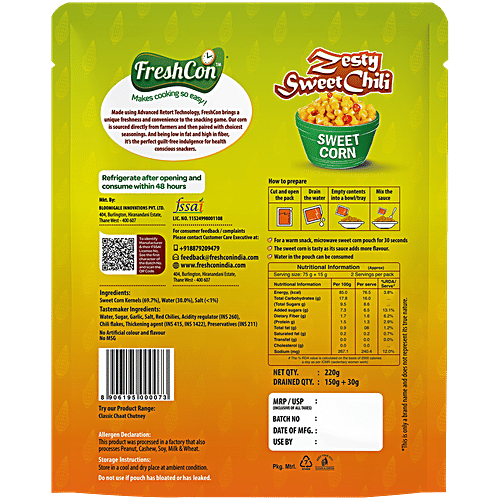 Freshcon Zesty Sweet Chili Steamed Sweet Corn Kernels With Tastemaker, 220 g Gluten Free