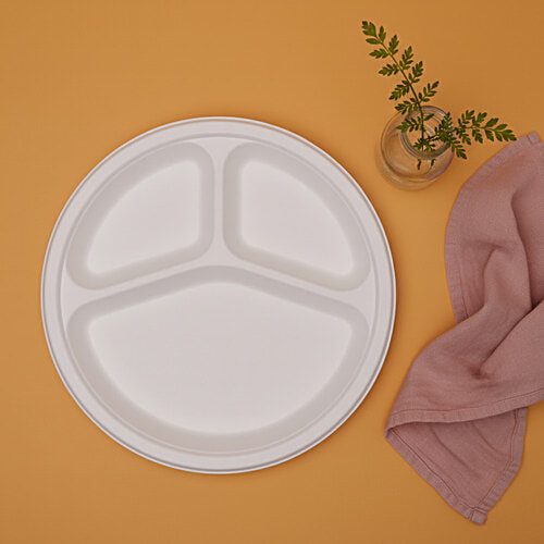 Classi Bio Disposable 3 Compartment Round Plates - 25.70 cm, 15 pcs  