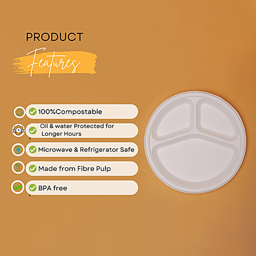 Classi Bio Disposable 3 Compartment Round Plates - 25.70 cm, 15 pcs  