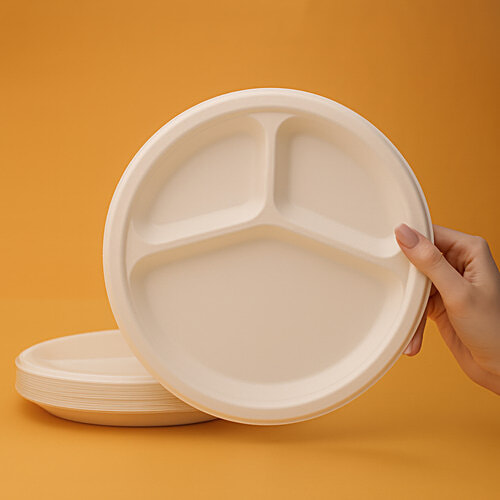 Classi Bio Disposable 3 Compartment Round Plates - 25.70 cm, 15 pcs  