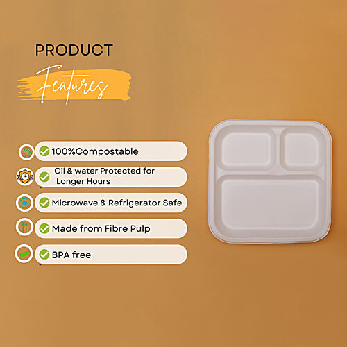 Classi Bio 10'' Disposable Smart 3 Compartment Square Plates, 15 pcs  