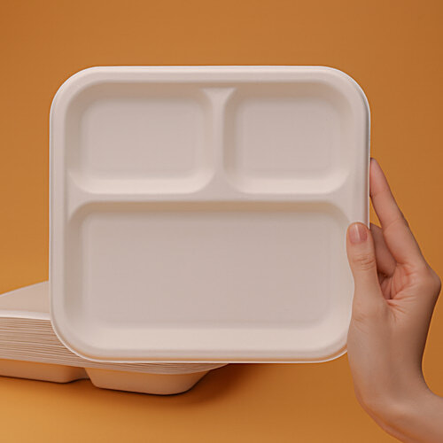 Classi Bio 10'' Disposable Smart 3 Compartment Square Plates, 15 pcs  