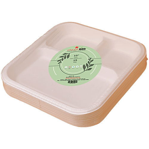 Classi Bio 10'' Disposable Smart 3 Compartment Square Plates, 15 pcs  
