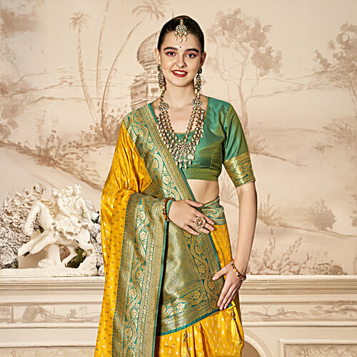 Eternal Mustard Yellow Kanjivaram Style Saree With Blouse - 6.30 m, 1 pc
