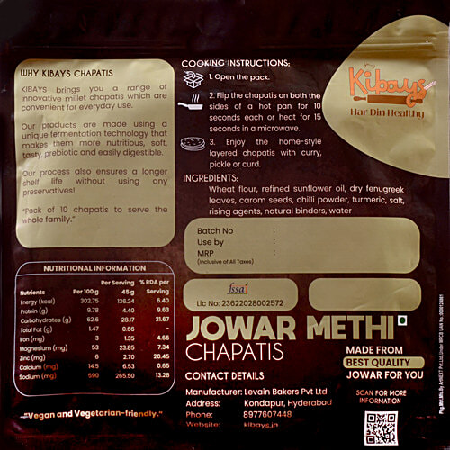Kibays Ready To Eat Jowar Methi Chapati, 450 g (10 pcs) Soft & Tasty, Ready To Use, No Preservatives, Prebiotic, Natural