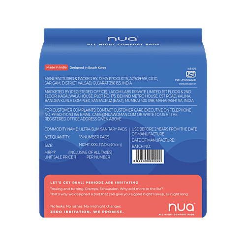 Nua All Night Comfort Sanitary Pads - XXXL, 18 pcs Zero Irritation, Toxic Free