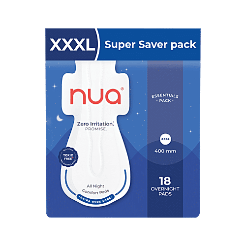 Nua All Night Comfort Sanitary Pads - XXXL, 18 pcs Zero Irritation, Toxic Free