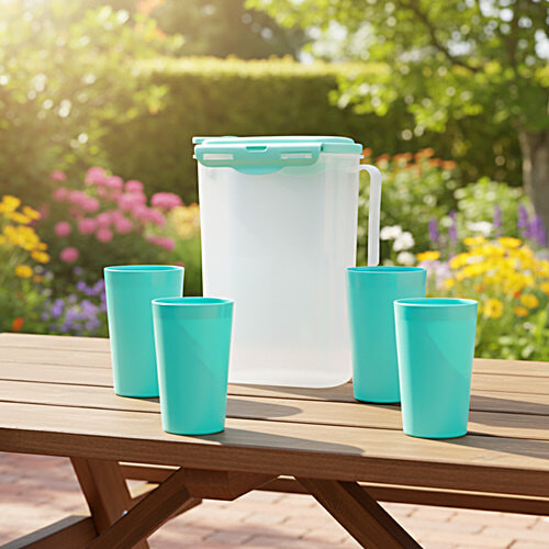 Gluman Fridge Jug With Tumblers - Teal Green, 5 pcs (Jug - 2 L + 300 ml - Tumblers)