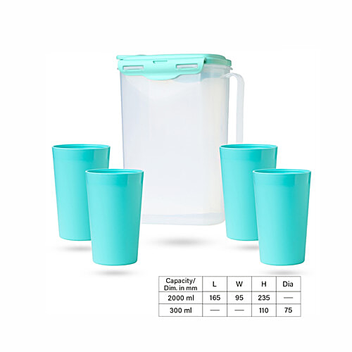 Gluman Fridge Jug With Tumblers - Teal Green, 5 pcs (Jug - 2 L + 300 ml - Tumblers)