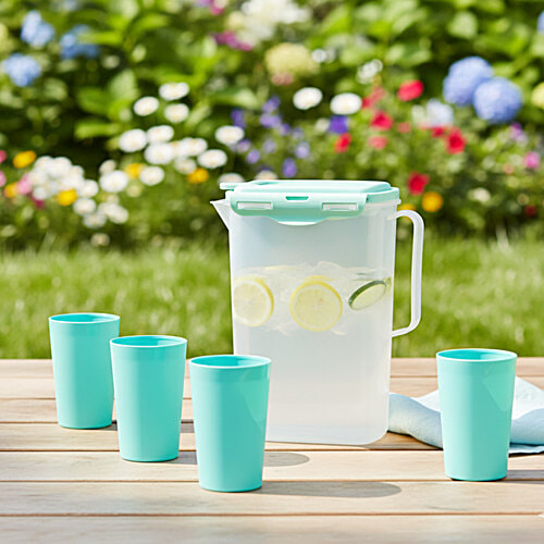 Gluman Fridge Jug With Tumblers - Teal Green, 5 pcs (Jug - 2 L + 300 ml - Tumblers)