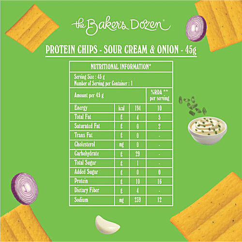 The Baker's Dozen Sour Cream & Onion Multigrain Protein Chips, 45 g  10g Protein