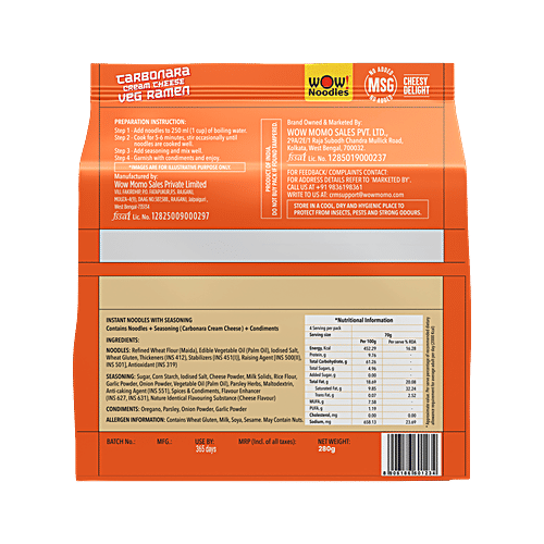 Wow! Noodles Carbonara Cheese Veg Ramen, 280 g (4x70 g) No Added MSG